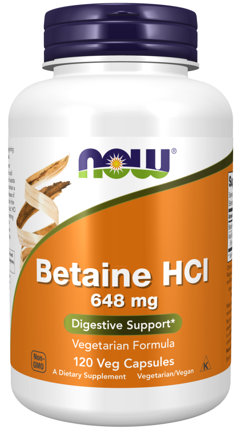 Бетаїн гідрохлорид Now Foods Betaine HCL 648 мг, 120 вегетаріанських капсул (NOW-02938)