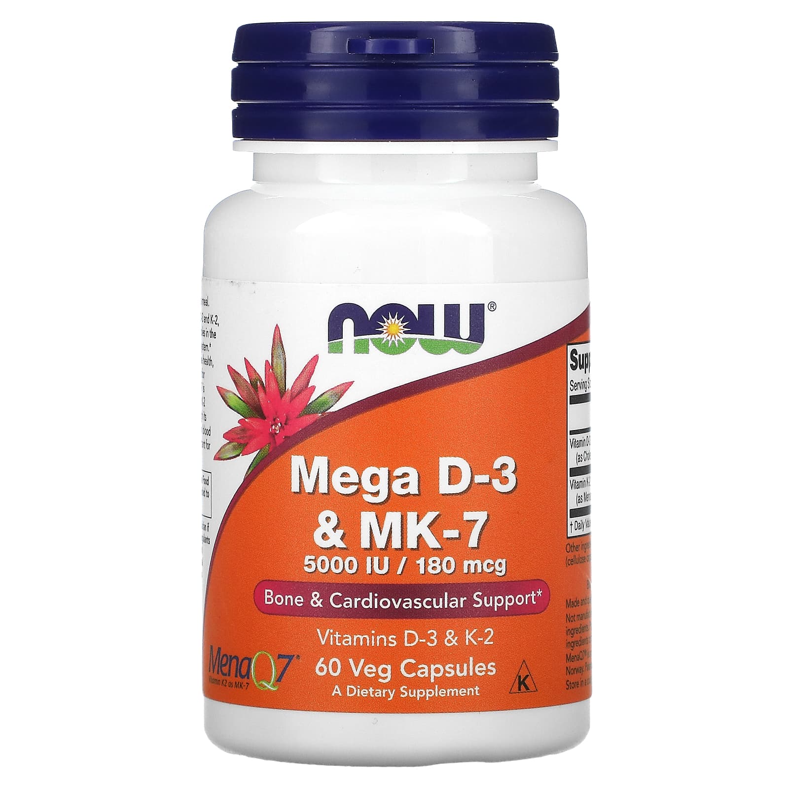 Вітамін Д3 та МК-7 Now Foods Mega D-3 & MK-7 5000 МО / 180 мкг, 60 капсул (NOW-00384)