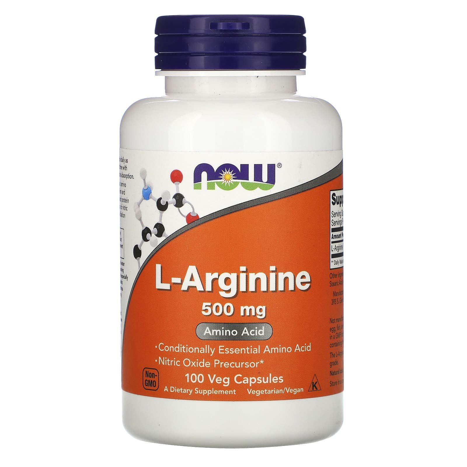 L-аргінін Now Foods L-Arginin 500 мг, 100 вегетаріанських капсул (NOW-00030)