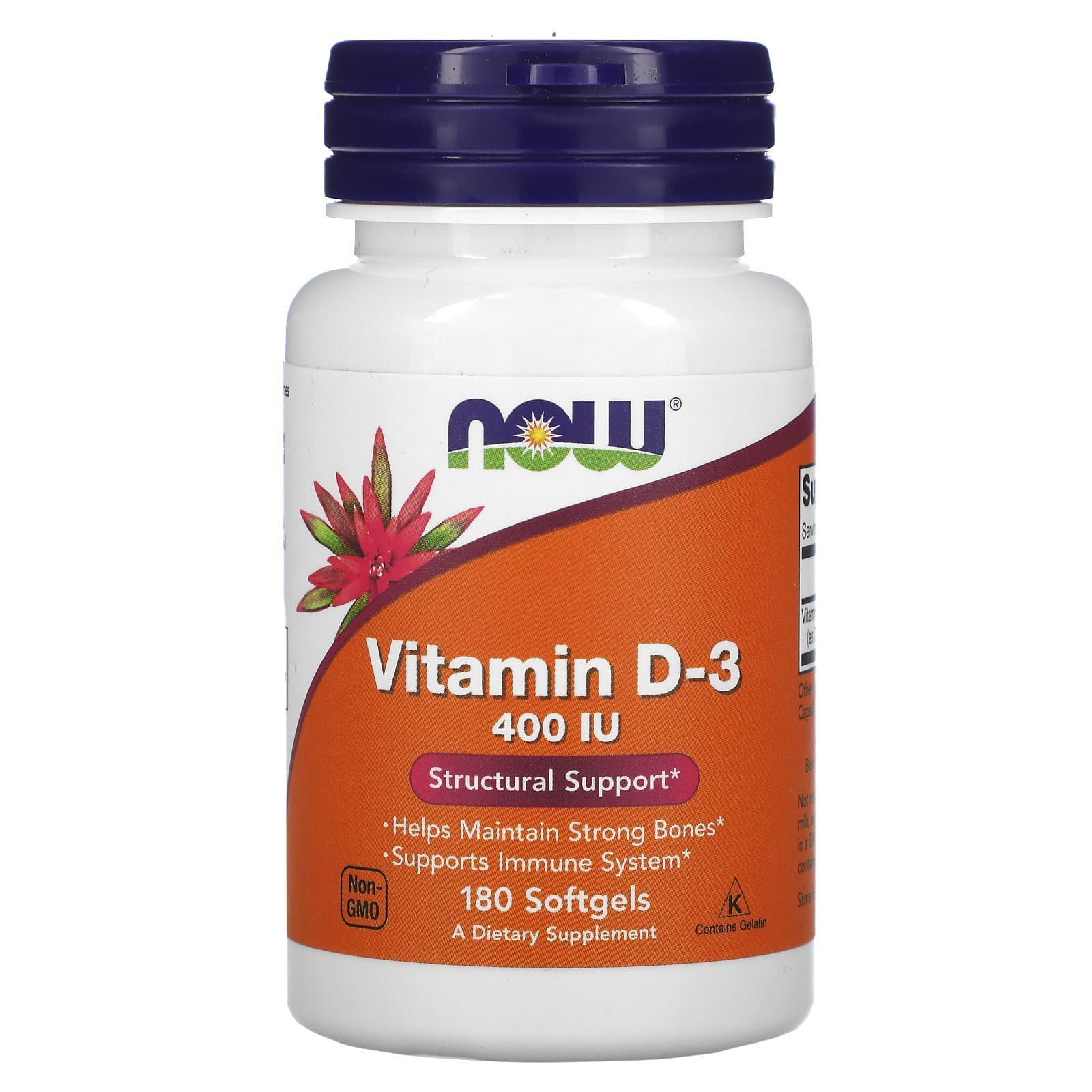 Вітамін Д3 Now Foods Vitamin D-3 структурна підтримка 10 мкг (400 МО), 180 гелевих капсул (NOW-00364)