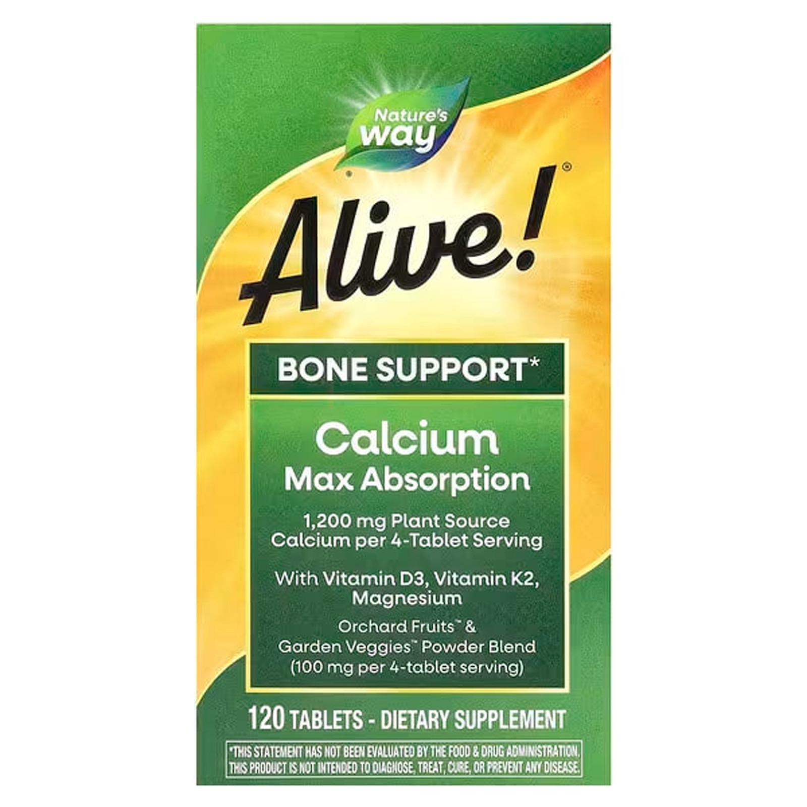 Кальцій Nature's Way Д3, К2 та магній Alive! Calcium Max Absorption Alive! зміцнення кісток максимальне засвоєння, 120 вегетаріанських таблеток (NWY-15839)
