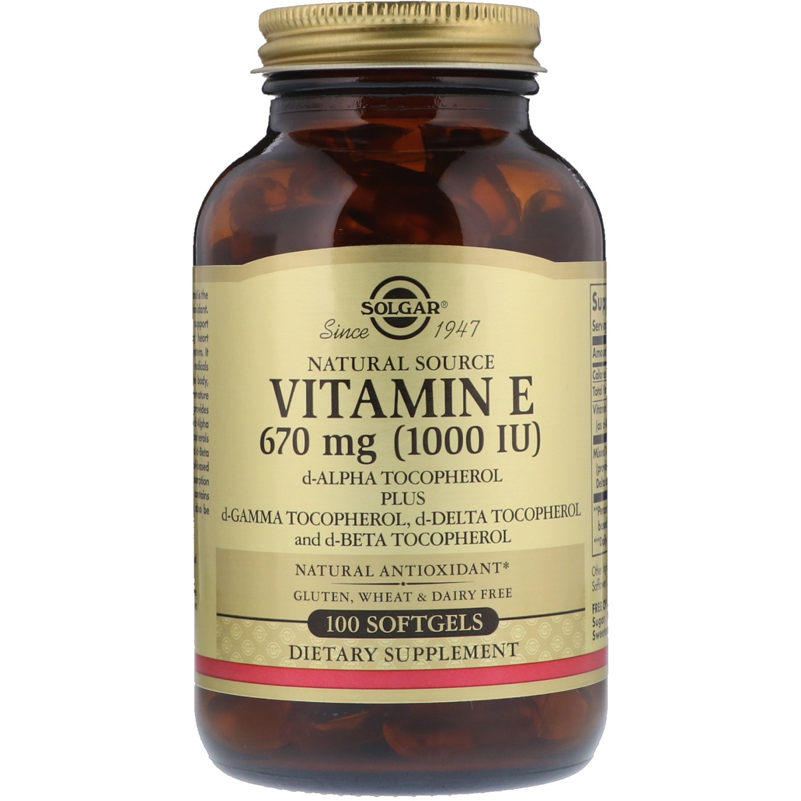 Вітамін Е Solgar Vitamin E натуральний 670 мг (1000 МО), 100 гелевих капсул (SOL-03561)