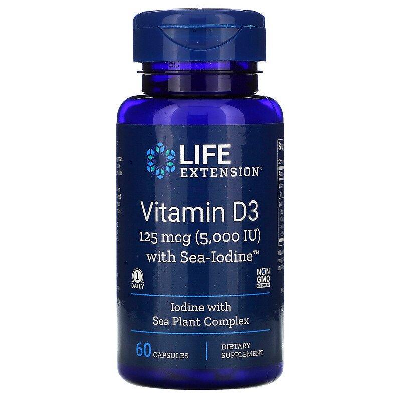 Вітамін Д3 Life Extension Vitamin D3 з йодом, 5000 МО (125 мкг), 60 капсул (LEX-17586)