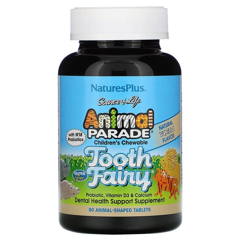 Пробіотики Nature's Plus Tooth Fairy Probiotic Animal Parade для дітей вітамін D3 та кальцій смак ванілі, 90 таблеток у формі тварин (NAP-29948)