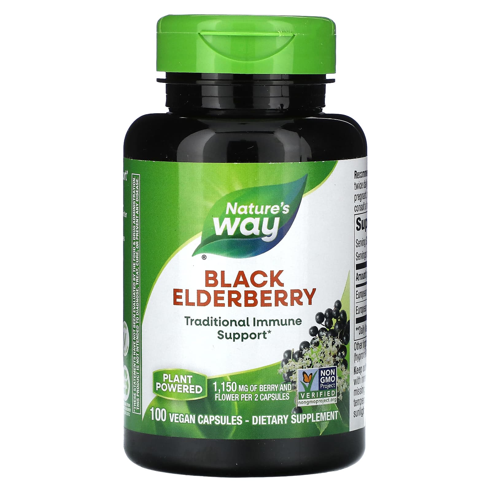 Чорна бузина Nature's Way Black Elderberry 1150 мг, 100 веганських капсул (575 мг у капсулі)(NWY-12440)
