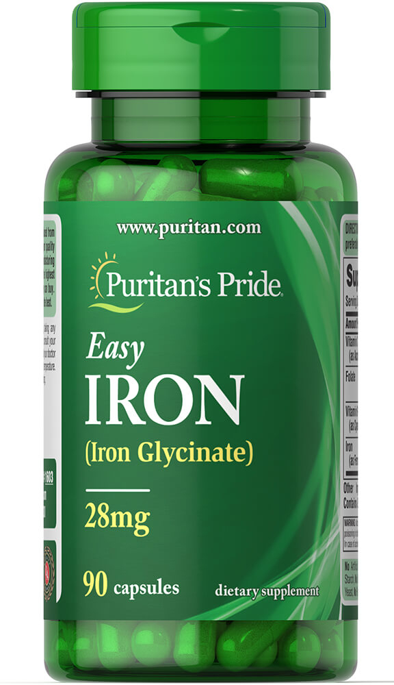 Залізо Puritan's Pride Easy Iron (Glycinate) 28 мг, 90 гелевих капсул (PTP-11603)