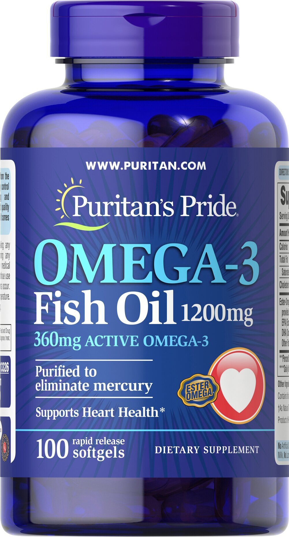 Омега-3 риб'ячий жир Puritan's Pride Omega-3 Fish Oil 1200 мг 360 мг активного, 100 капсул (PTP-13326)