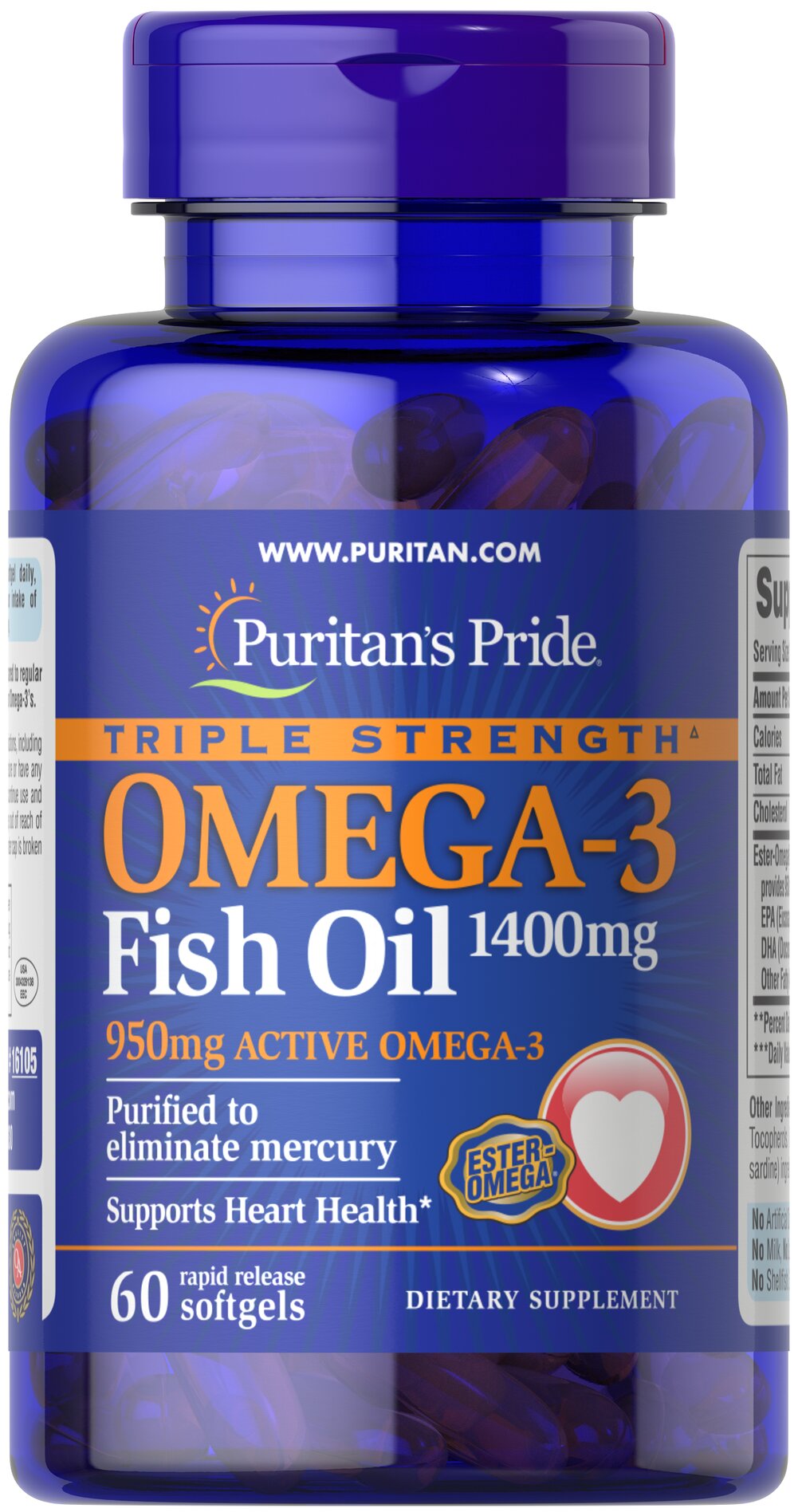 Омега-3 риб'ячий жир Puritan's Pride Omega-3 Fish Oil 1400 мг (950 мг активного омега-3), 60 гелевих капсул (PTP-16105)