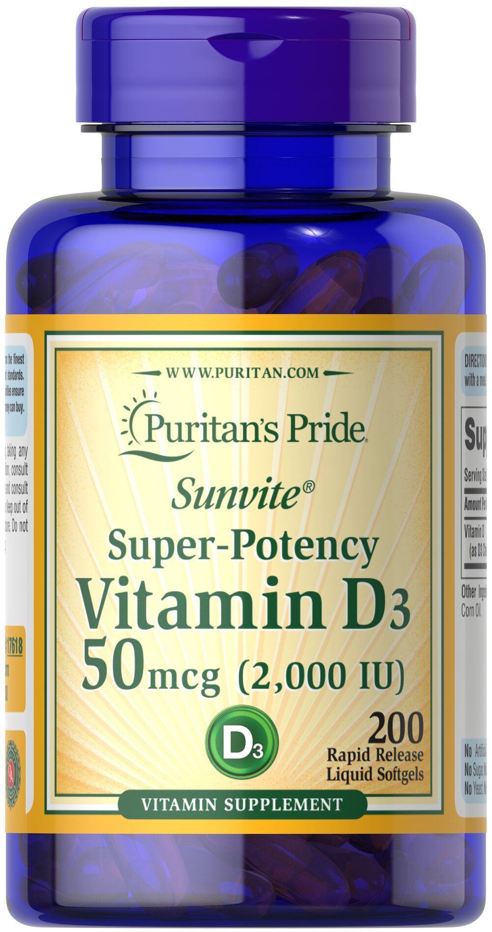 Вітамін Д3 Puritan's Pride Vitamin D3 2000 МО, 200 капсул (PTP-17618)