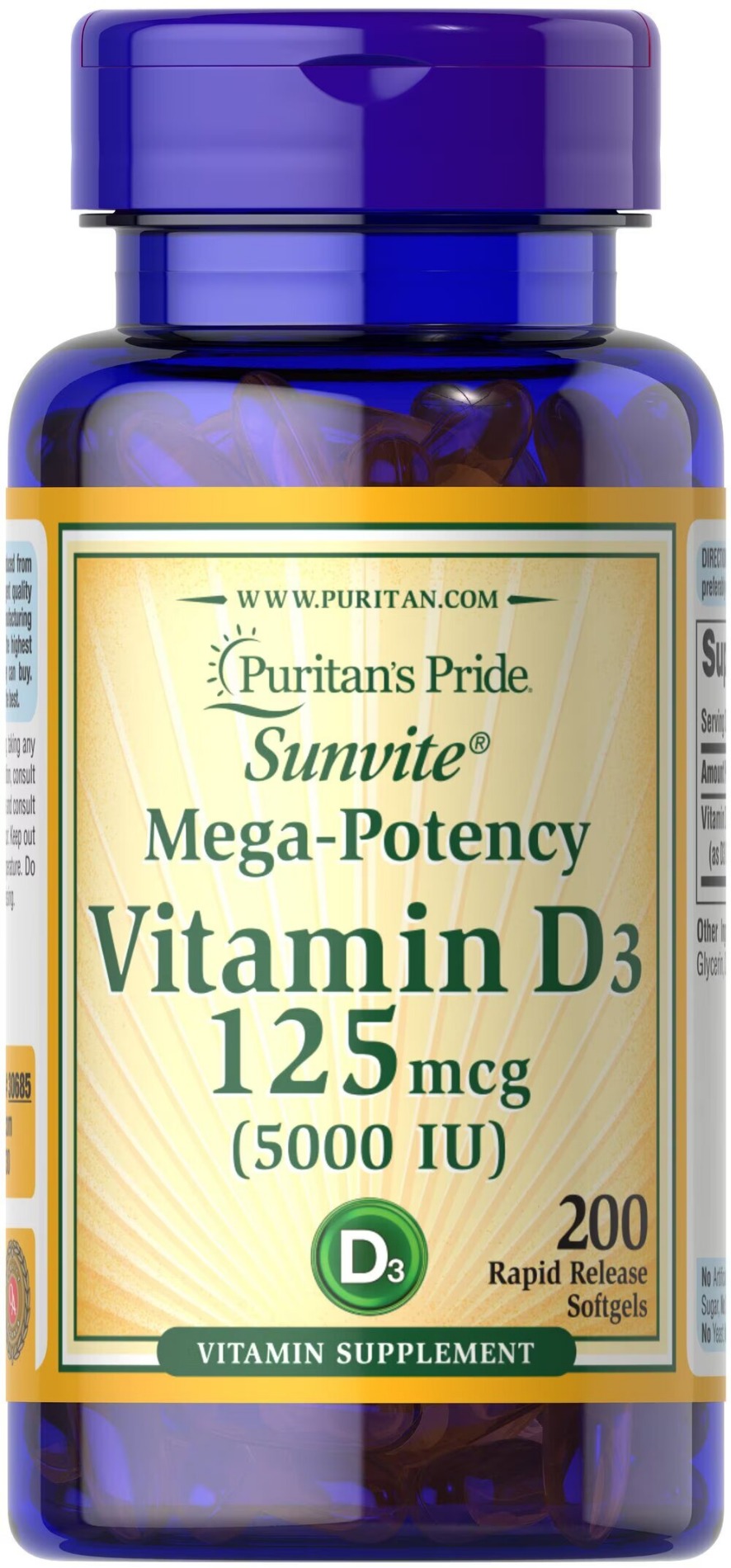 Вітамін Д3 Puritan's Pride Vitamin D3 125 мкг (5000 МО), 200 капсул (PTP-30685)