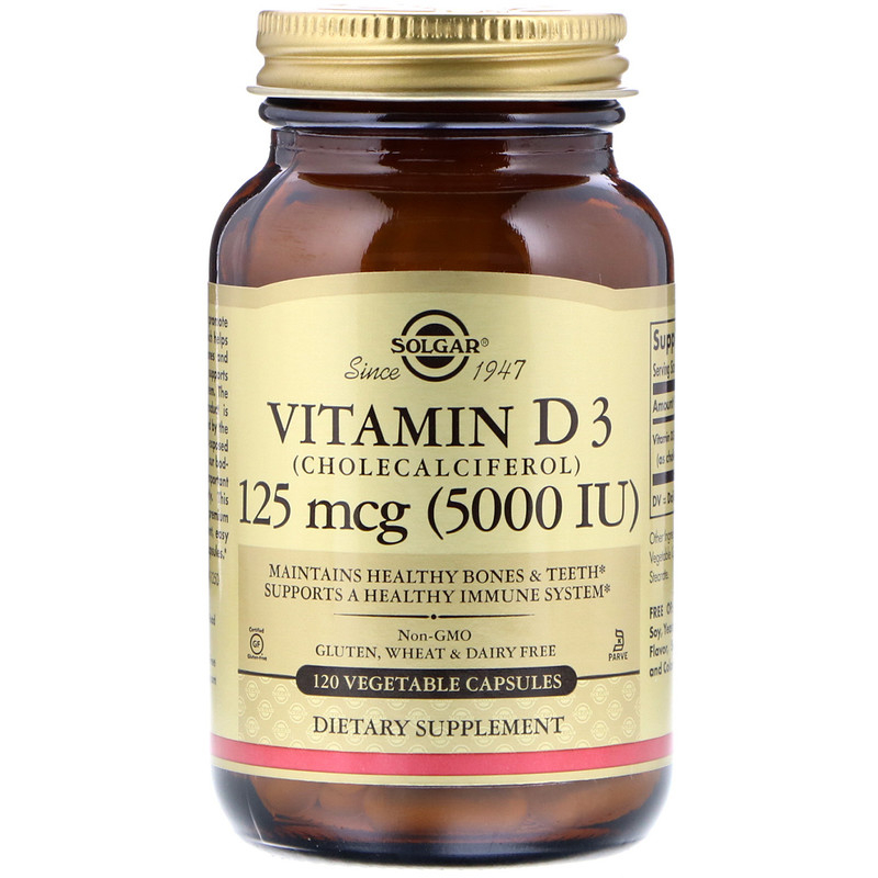Вітамін Д3 Solgar (холекальциферол) Vitamin D3 Cholecalciferol 125 мкг (5000 МО), 120 вегетаріанських капсул (SOL-03313)