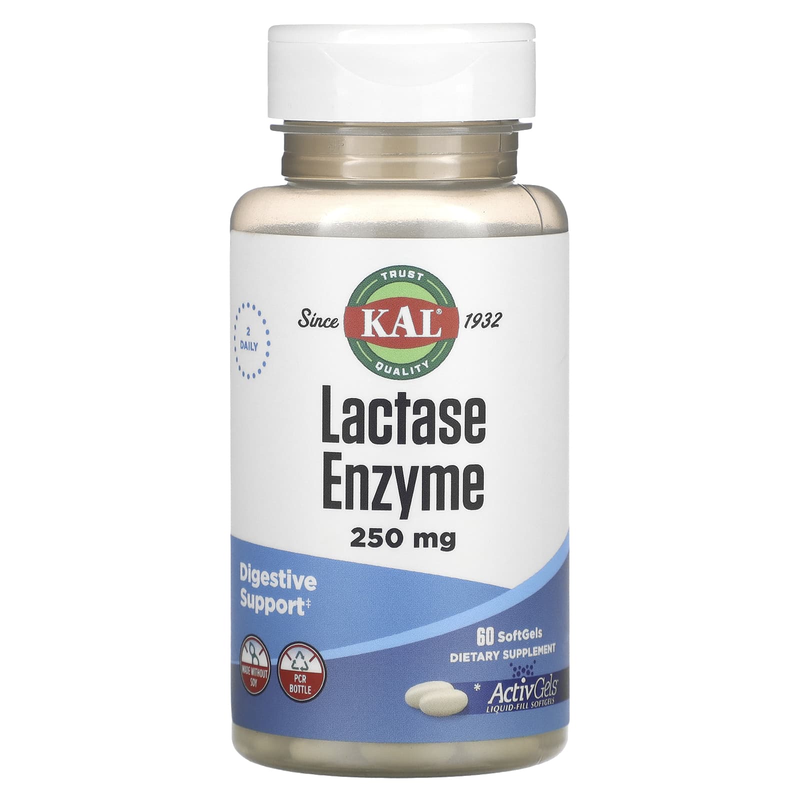 Фермент лактази KAL Lactase Enzyme 250 мг, 60 капсул (CAL-80206)
