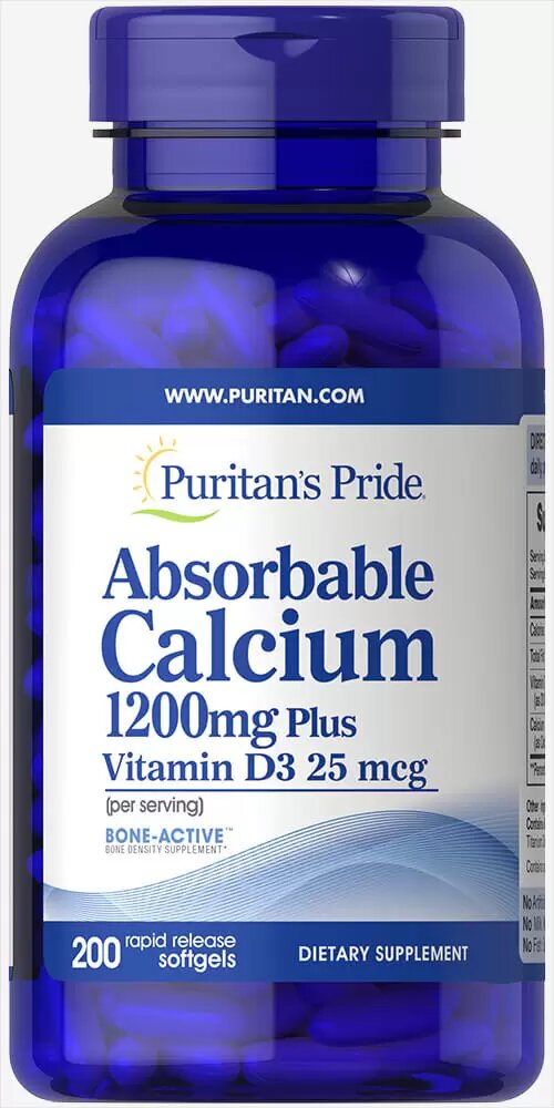 Кальцій і вітамін Д3 Puritan's Pride Absorbable Calcium with Vitamin D3 1200 мг / 1000 МО, 200 гелевих капсул (PTP-16274)