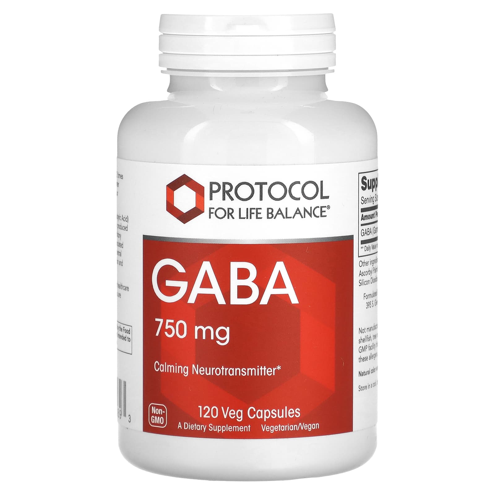 Гамма-аміномасляна кислота Protocol for Life Balance ГАМК GABA 750 мг, 120 веганських капсул (PRT-10089)