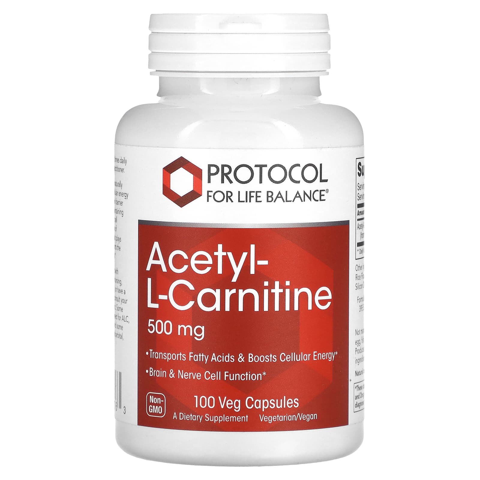 Ацетил-L-карнітин Protocol for Life Balance Acetyl-L-Carnitine 500 мг, 100 веганських капсул (PRT-10076)