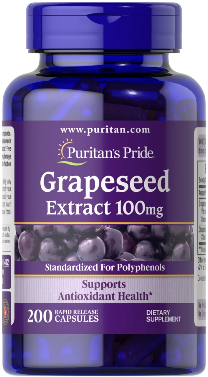 Екстракт виноградних кісточок Puritan's Pride Grapeseed Extract 100 мг, 200 капсул (PTP-15432)