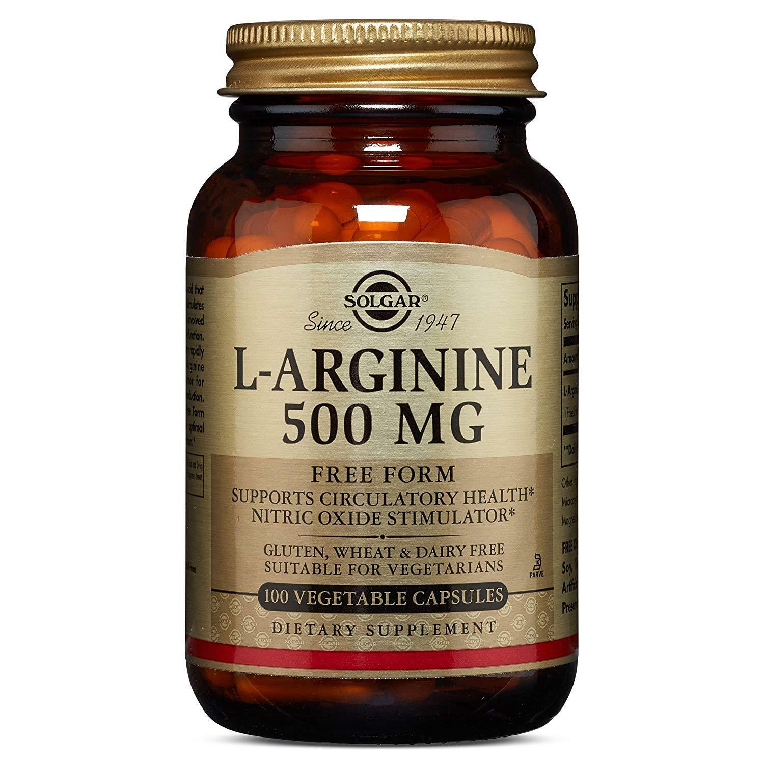 Аргінін Solgar L-Arginine вільна форма, 500 мг, 100 вегетаріанських капсул (SOL-00141)