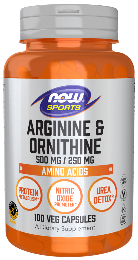 Аргинин и орнитин NOW Foods Arginine & Ornithine Sports 500 мг/250 мг, 100 вегетарианских капсул (NOW-00040)
