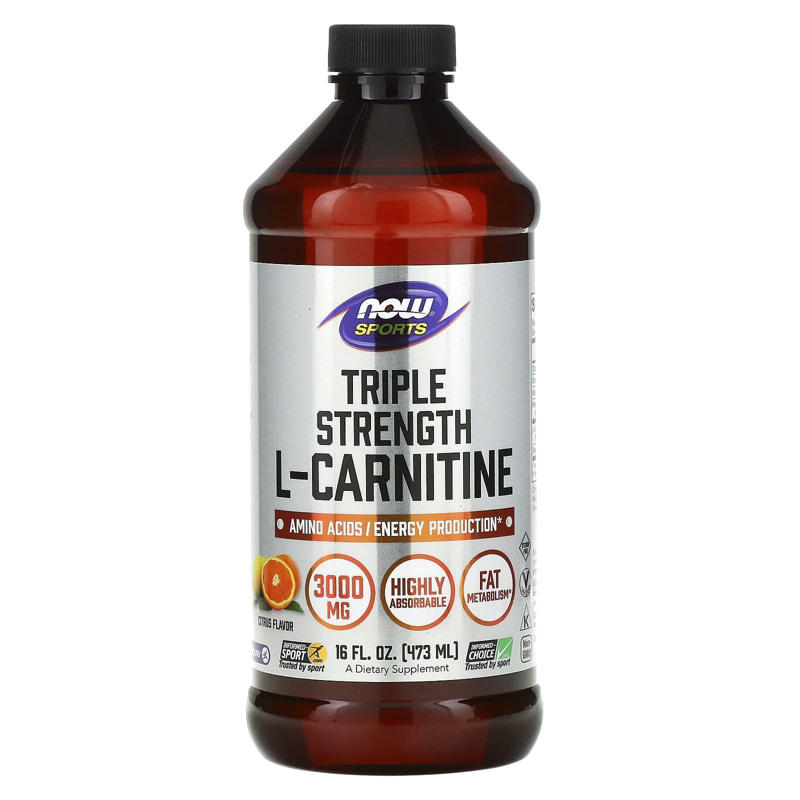 L-карнітин Now Foods L-Carnitine Sports потрійна сила рідкий смак цитрусу 3000 мг, 473 мл (NOW-00064)