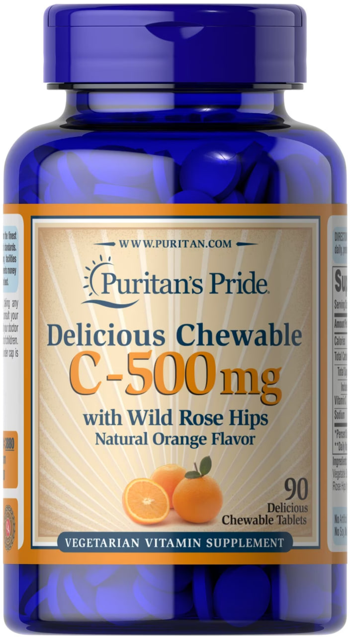 Вітамін С з шипшиною Puritan's Pride Vitamin C смак апельсина, 500 мг, 90 жувальних таблеток (PTP-13880)