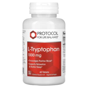 L-триптофан, L-Tryptophan, Protocol for Life Balance, 1000 мг, 60 таблеток