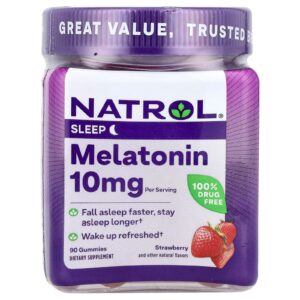 Мелатонін, Melatonin Gummies, Natrol, смак полуниці, 10 мг, 90 жувальних цукерок (5 мг у кожній жувальній цукерці)